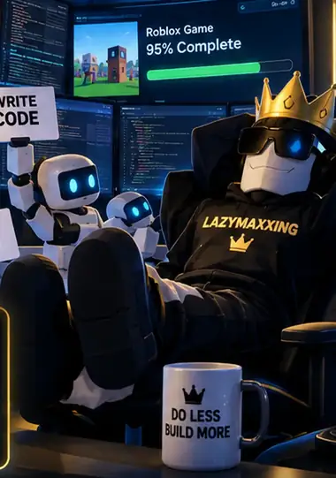 Illustration of a relaxed game director and robot coding assistants